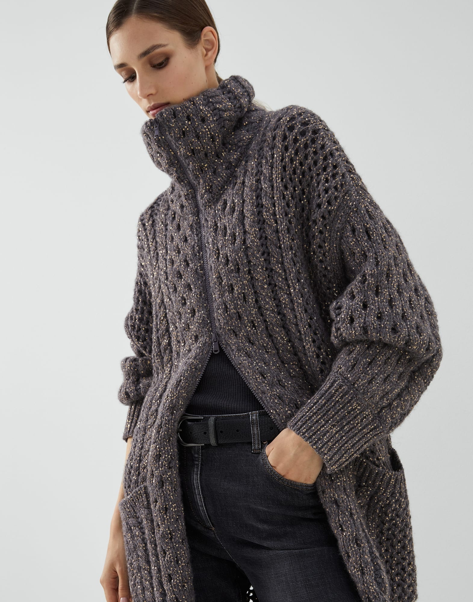 Dazzling Irish Cables long cardigan in cashmere Feather yarn - 4