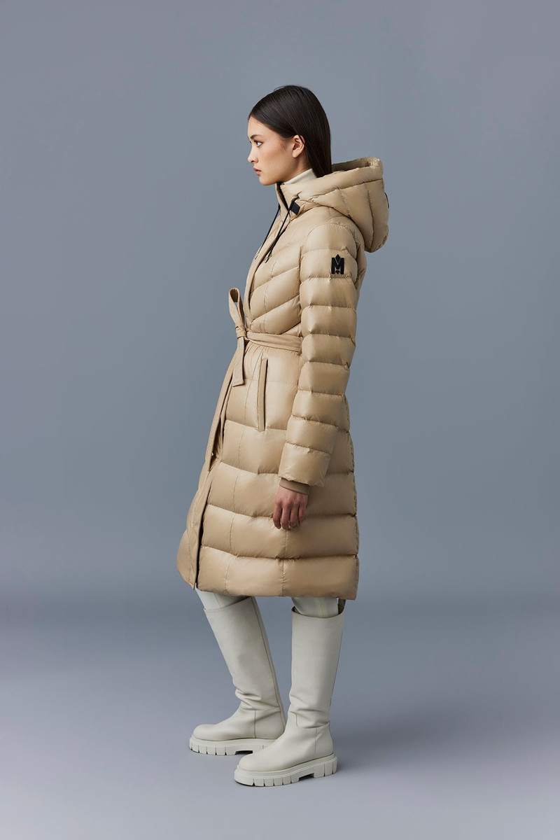CORALIA down coat with hood and sash belt 3