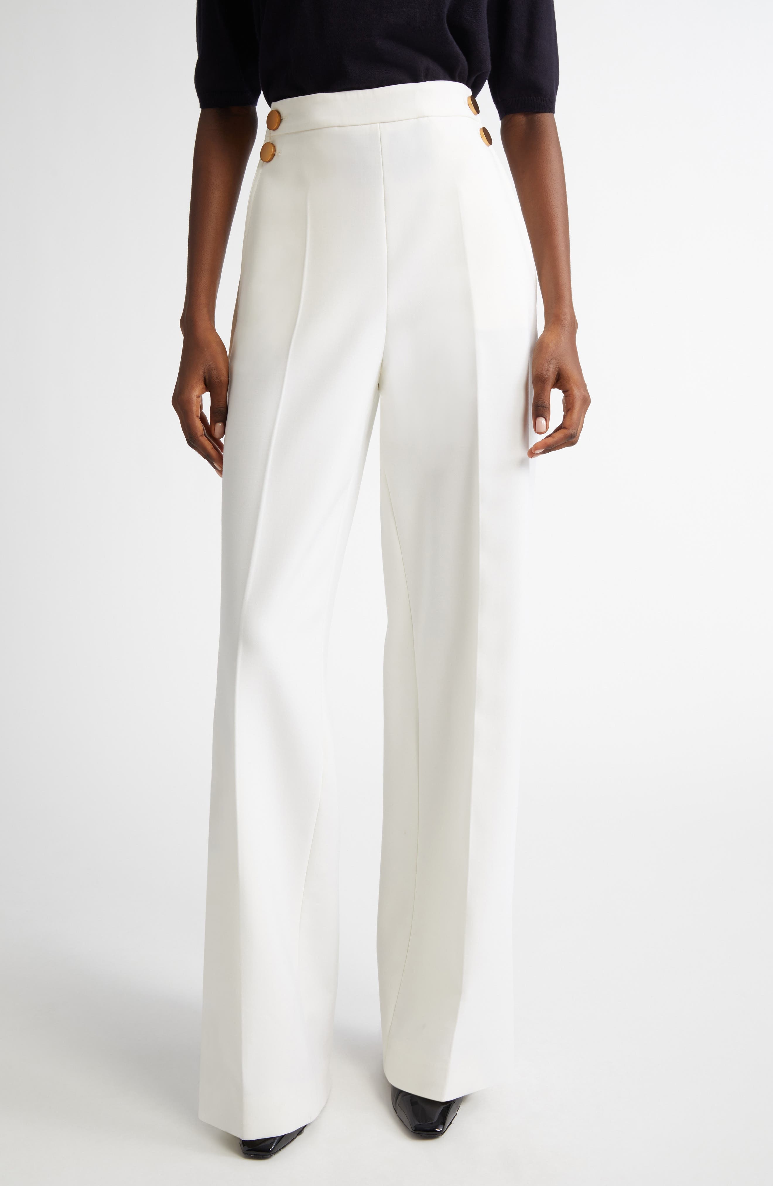 Max Mara Polonia Wide Leg Stretch Virgin Wool Canvas Pants in White at Nordstrom - 1