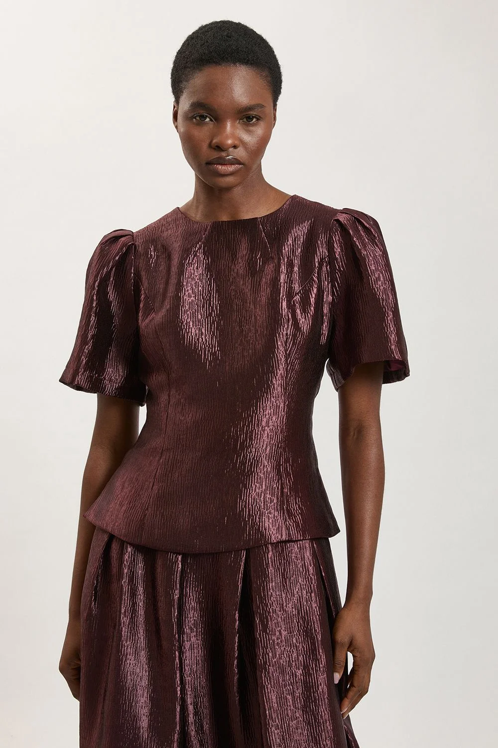 Petite Metallic Textured Puff Sleeve Top - 1