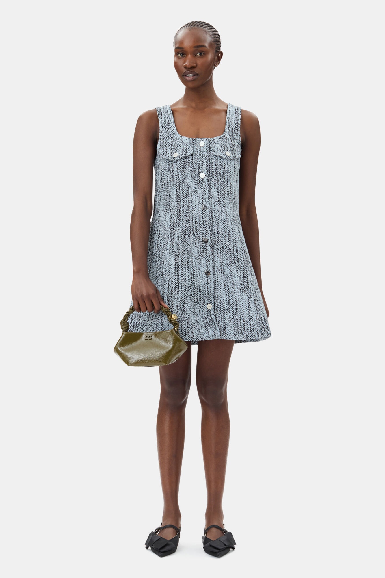 BLUE COTTON TWEED MINI DRESS - 2