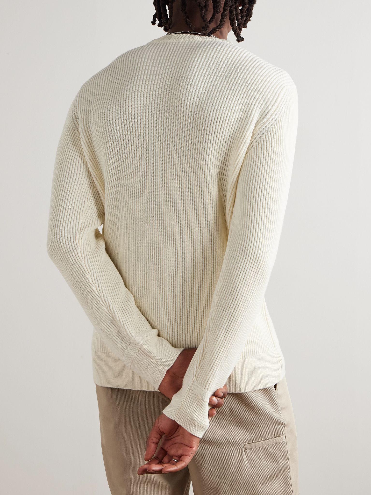 Logo-Appliquéd Ribbed Wool Sweater Ivory - 3