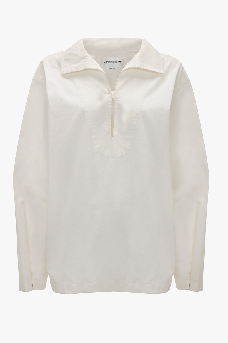 Tab Detail Denim Top In Washed White 1