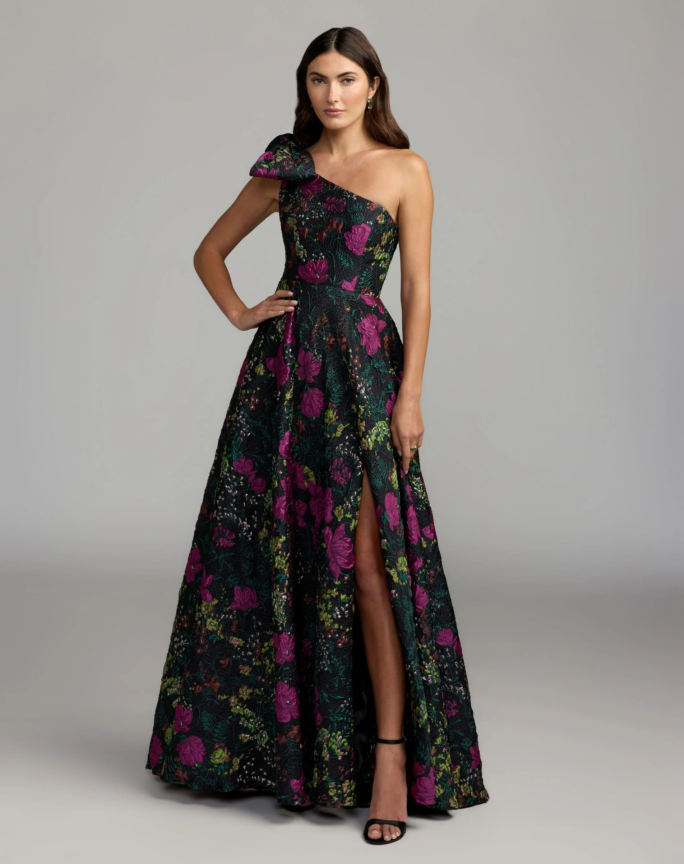 Black One Shoulder Brocade Floral Gown With Bow - 1