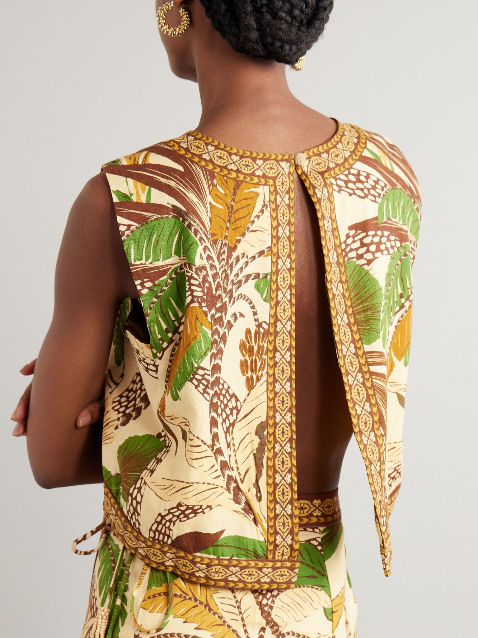 Cropped printed linen-blend top Beige - 3