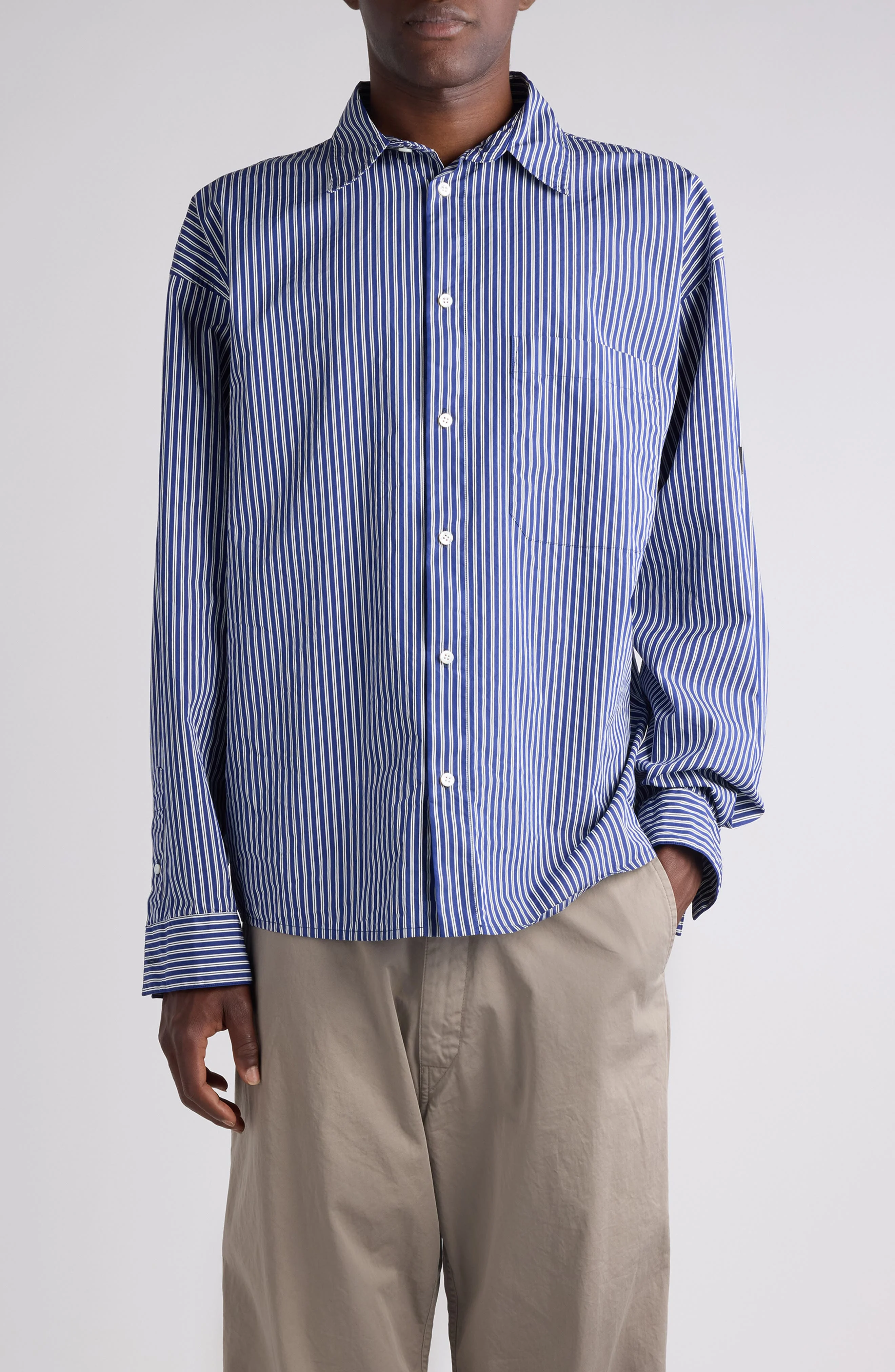 Balenciaga Oversize Stripe Cotton Blend Button-Up Shirt in Navy/White at Nordstrom - 1