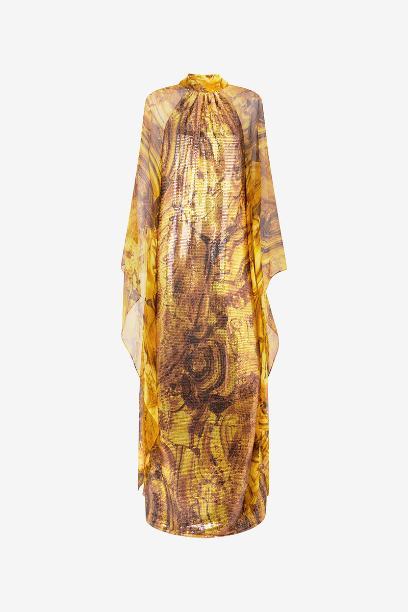 Silk Caftan Dress With Amber Print Sequins 1
