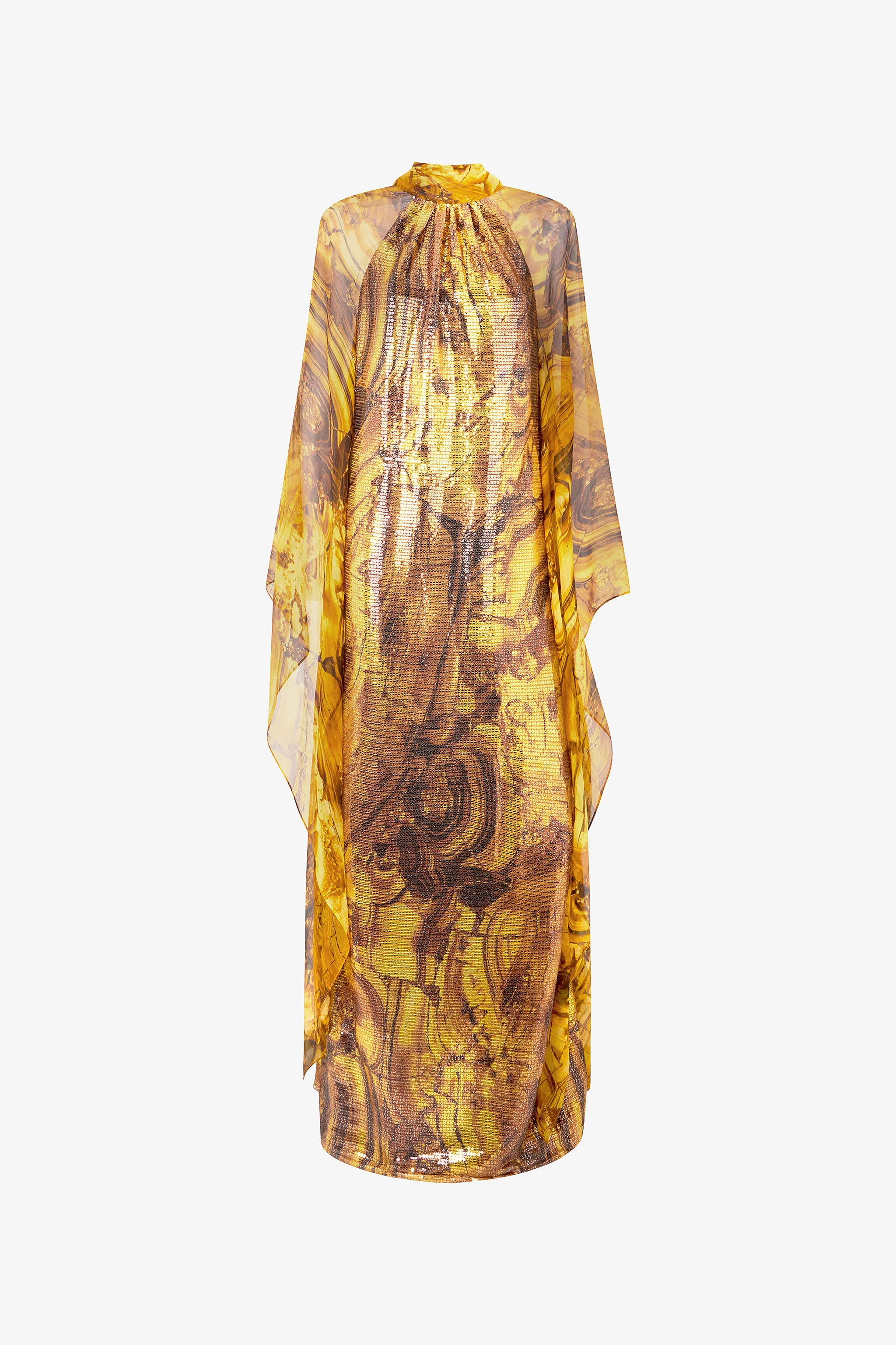Silk Caftan Dress With Amber Print Sequins - 1