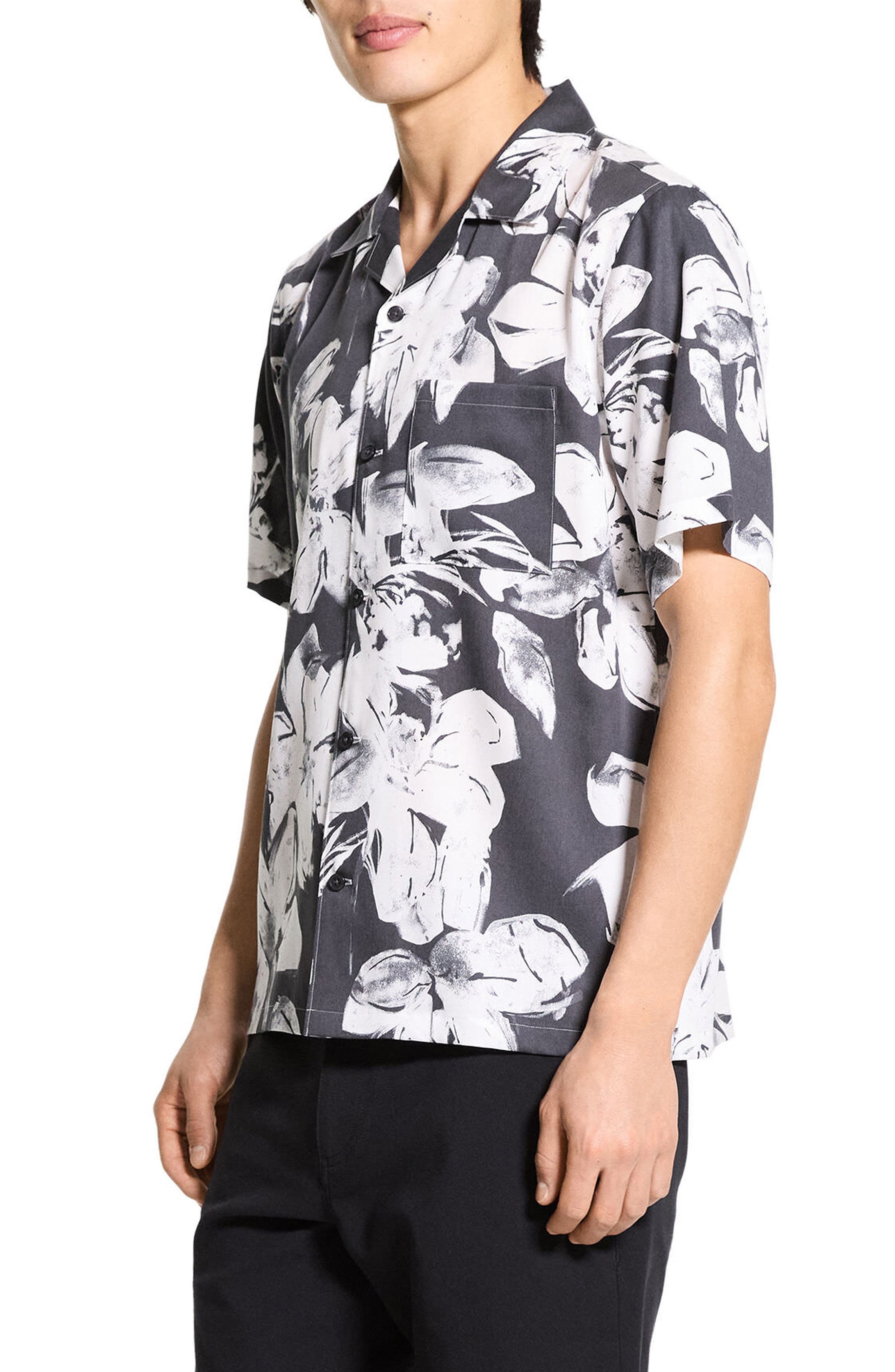 Theory Noll Brushed Floral Camp Shirt in Carbon/Ivory at Nordstrom - 3