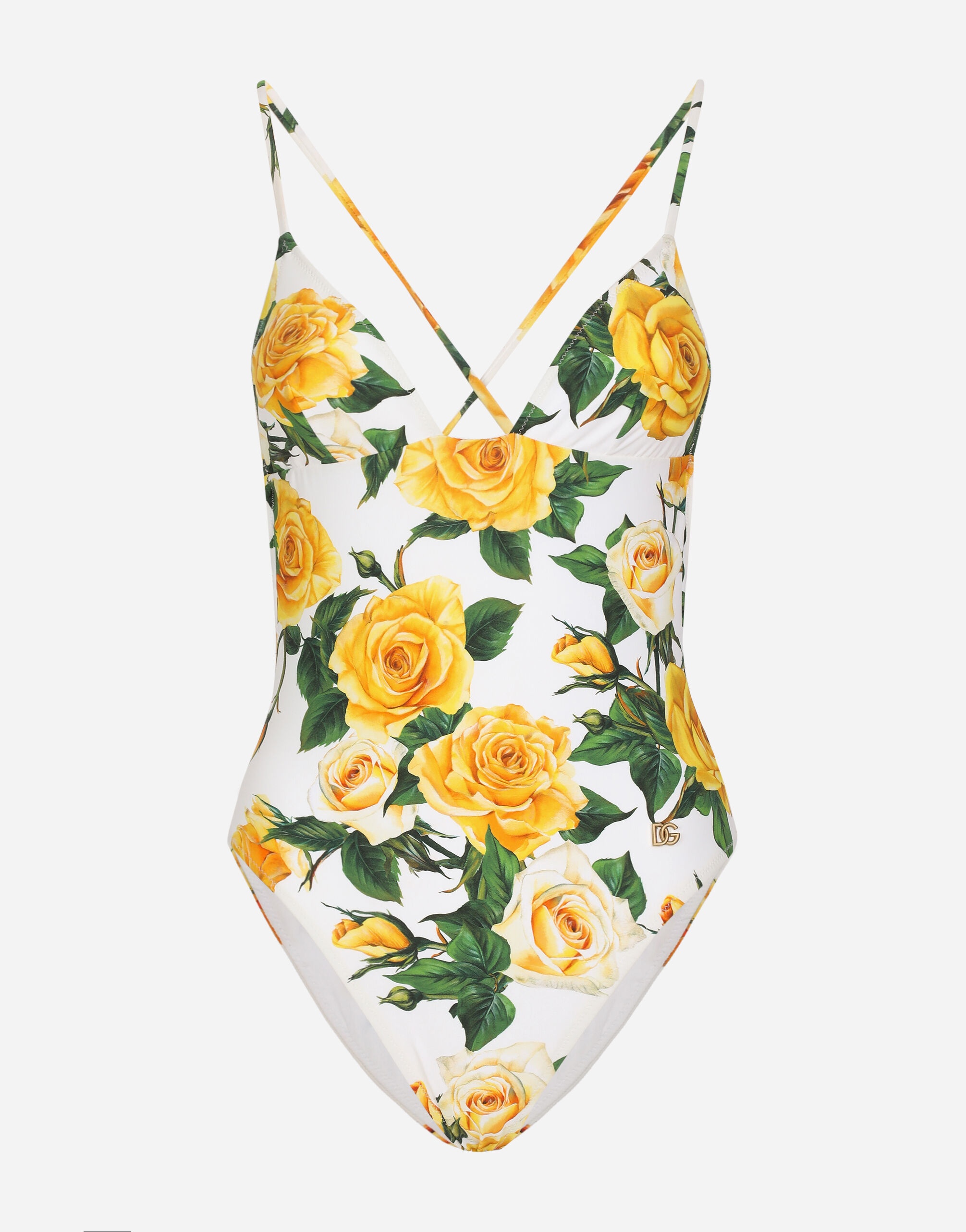 One-piece swimsuit with plunging neckline and yellow rose print - 1