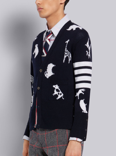 Thom Browne Navy Fine Merino Wool Animal Icon 4-Bar V-Neck Cardigan outlook