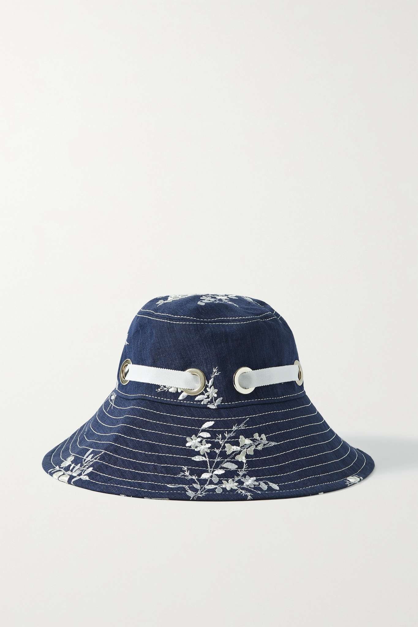 Grosgrain-trimmed embroidered linen-blend bucket hat - 1