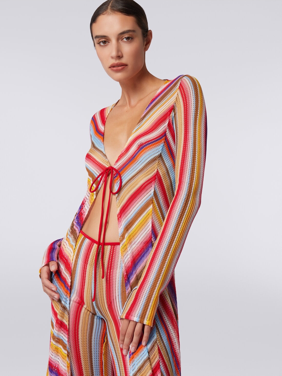 Long cover up cardigan in striped crochet - 5