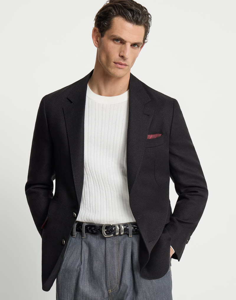 Silk, linen and wool hopsack deconstructed blazer with metal buttons 5