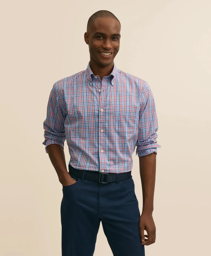 Performance Series Stretch Polo Button-Down Collar, Gingham Sport Shirt - 1