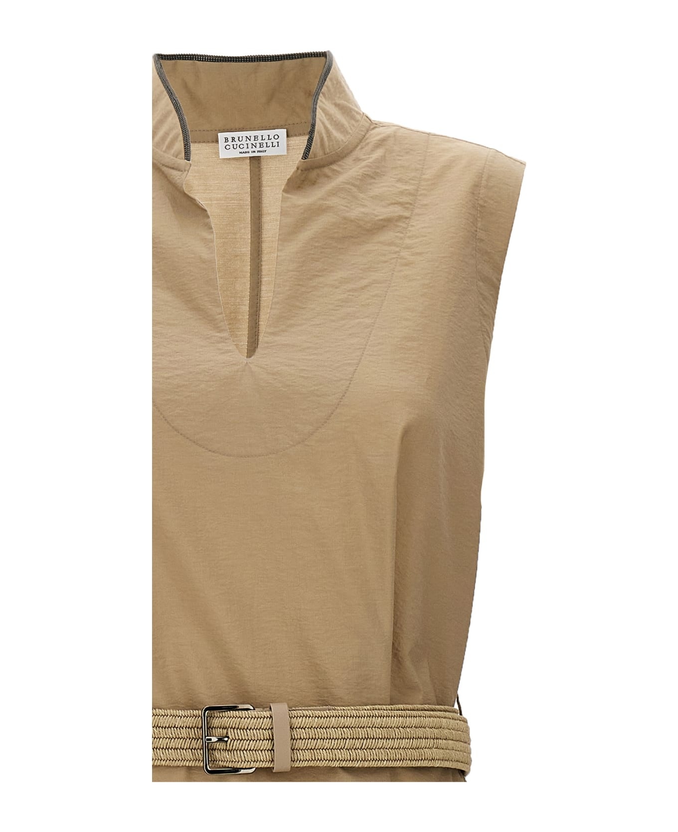 Techno Cotton Poplin Dress With Belt And Precious Shoulder Detail - 3