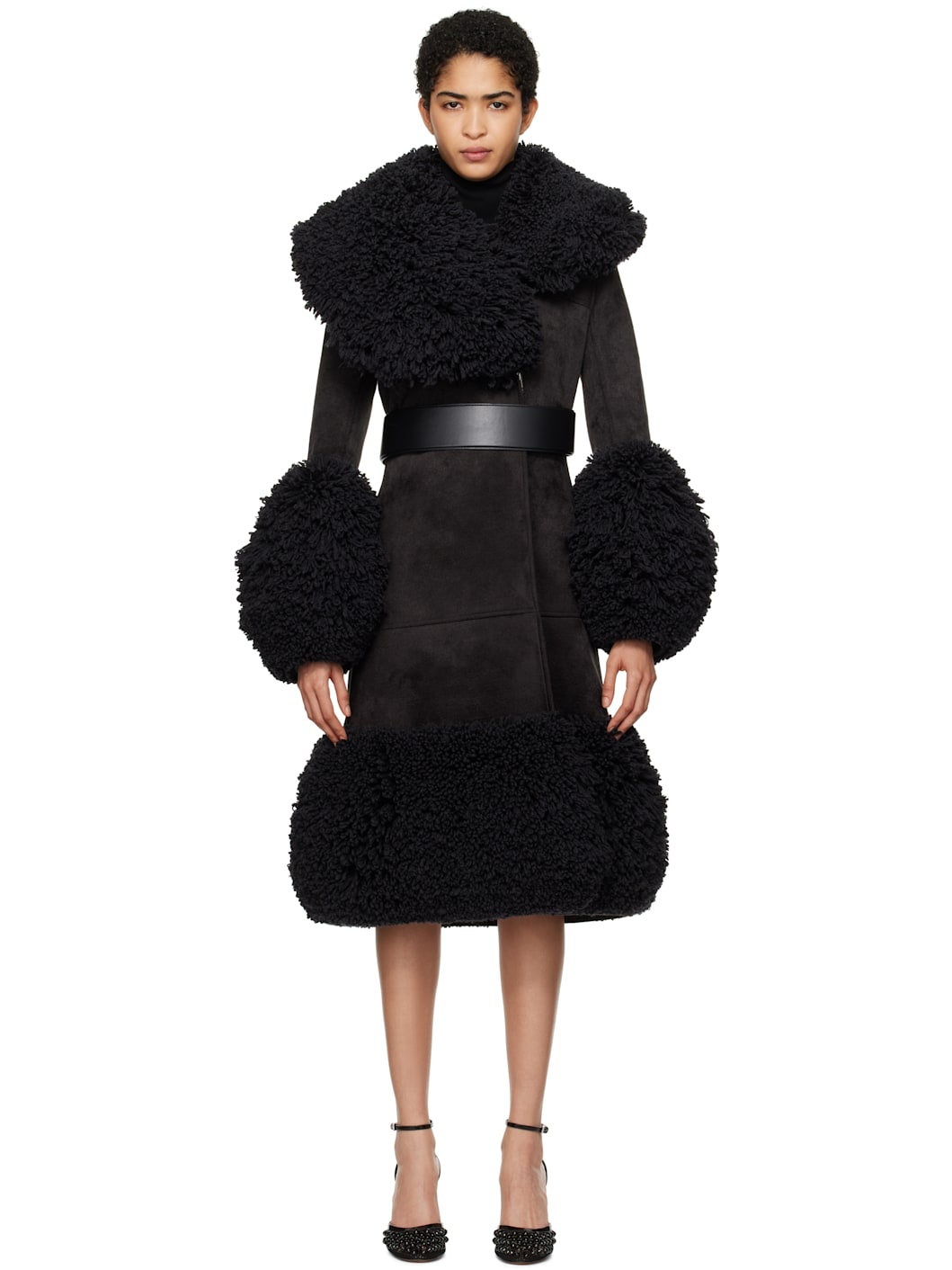 Black Knitted Tailored Faux-Shearling Coat - 1