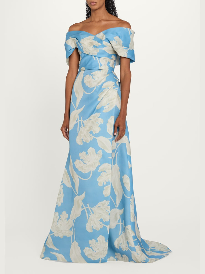 Off-The-Shoulder Floral Gazar Trumpet Gown 4