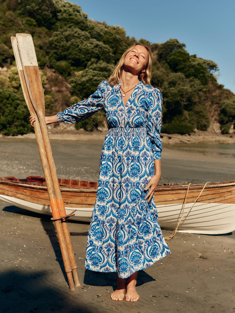 Elena Tiered Cotton Midi Dress-Blue, Ornamental Floral 6