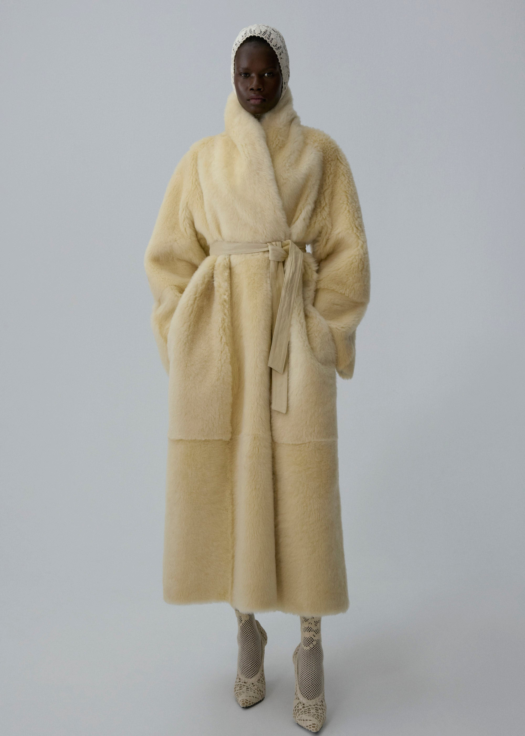 Reversible shearling wrap coat in cream - 5