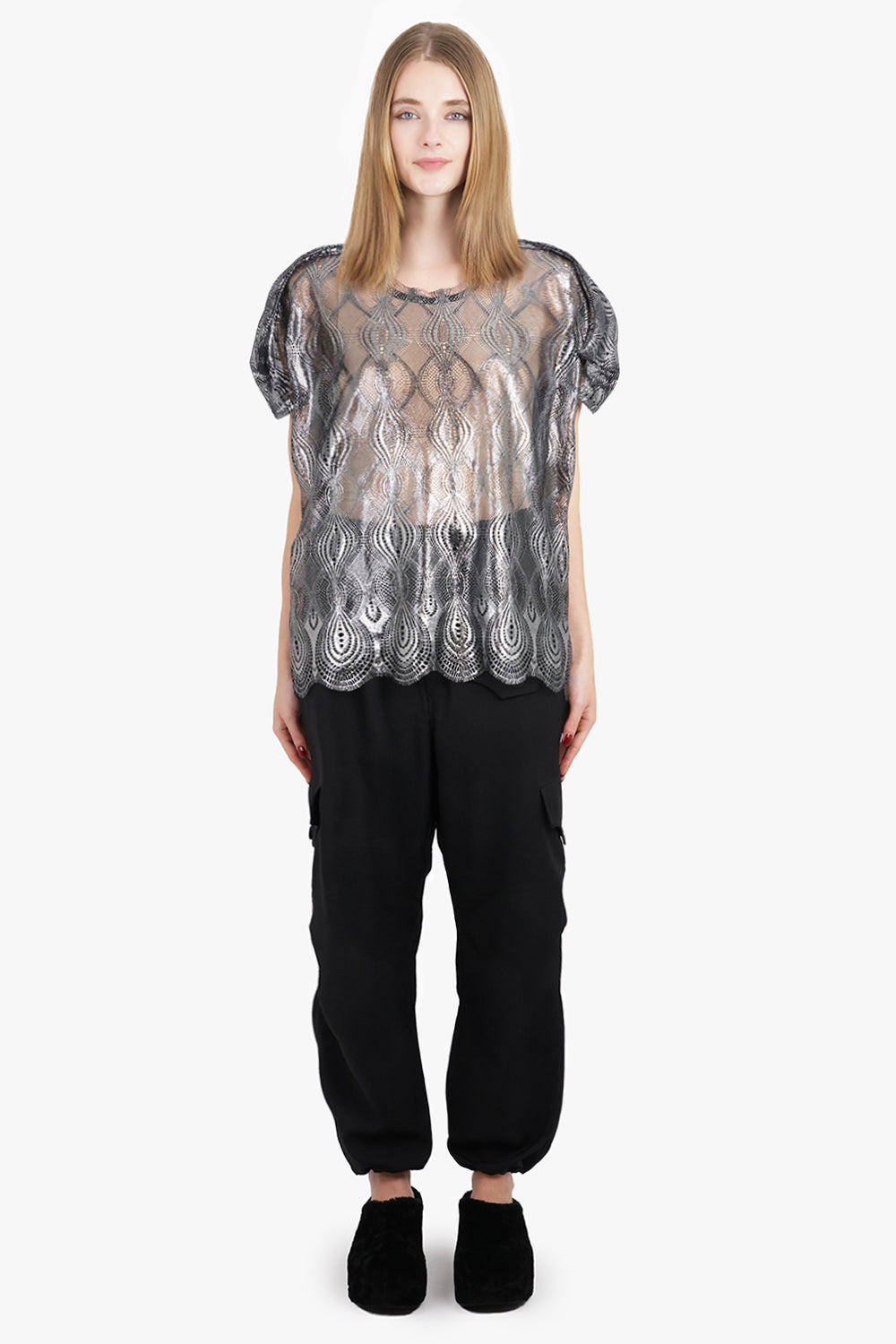 FOILED LACE S/S TOP | SILVER/BLACK - 2