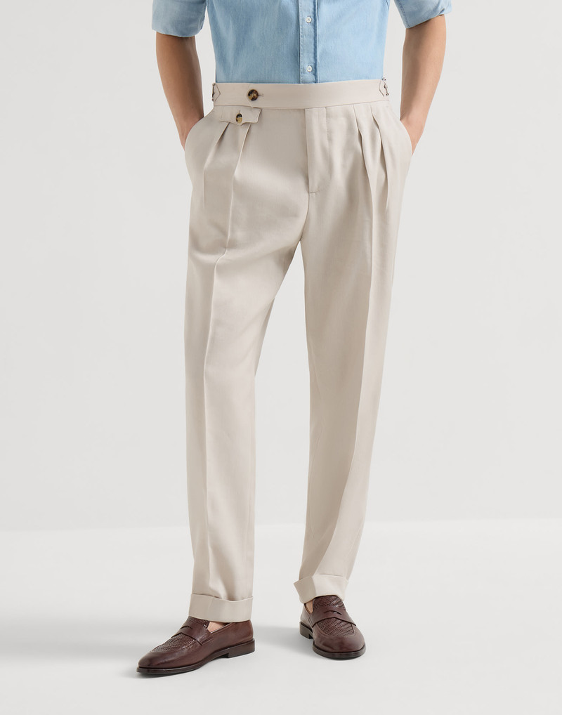 Linen, virgin wool and mohair gabardine trousers with double pleats and waist tabs 2
