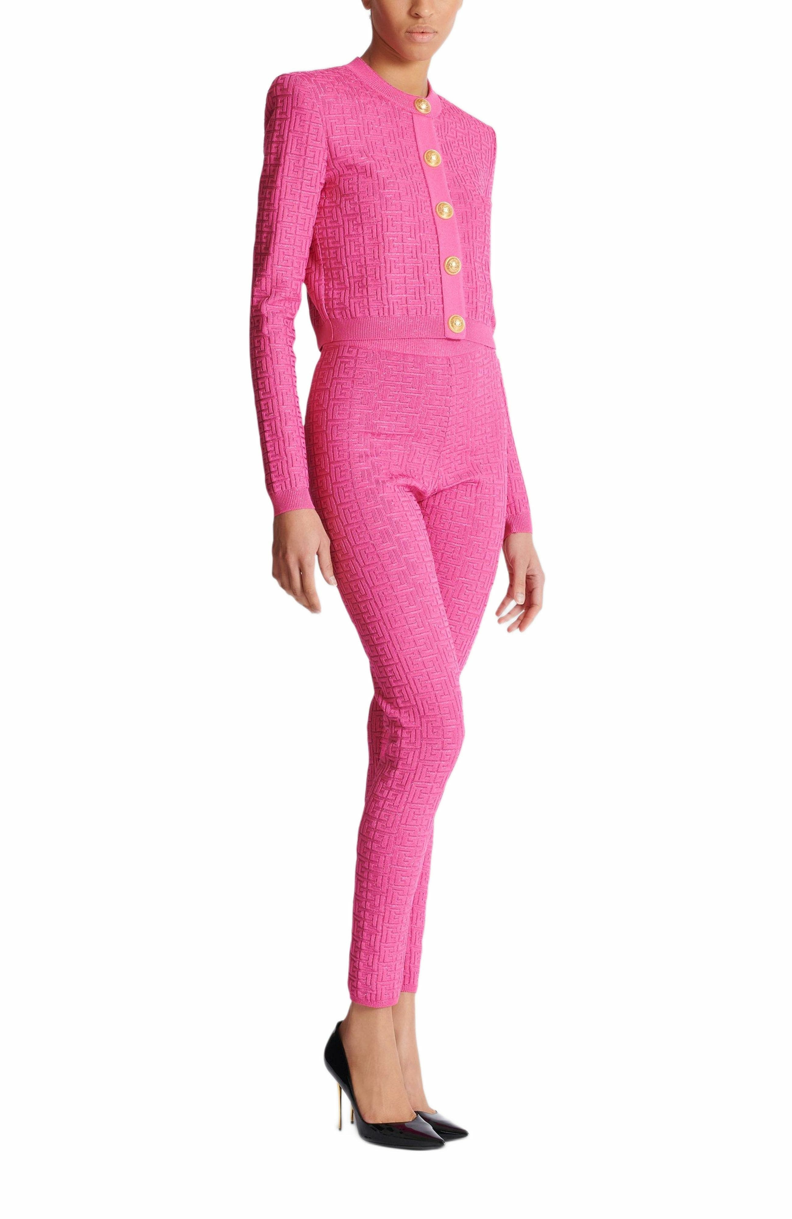 Balmain Cropped monogrammed knit cardigan in Pink at Nordstrom - 2