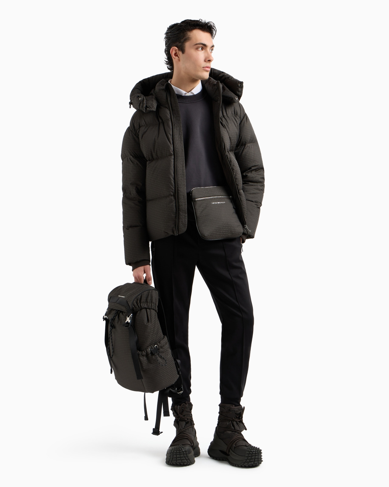 Zipped, hooded down jacket in jacquard nylon with all-over logo lettering - 4