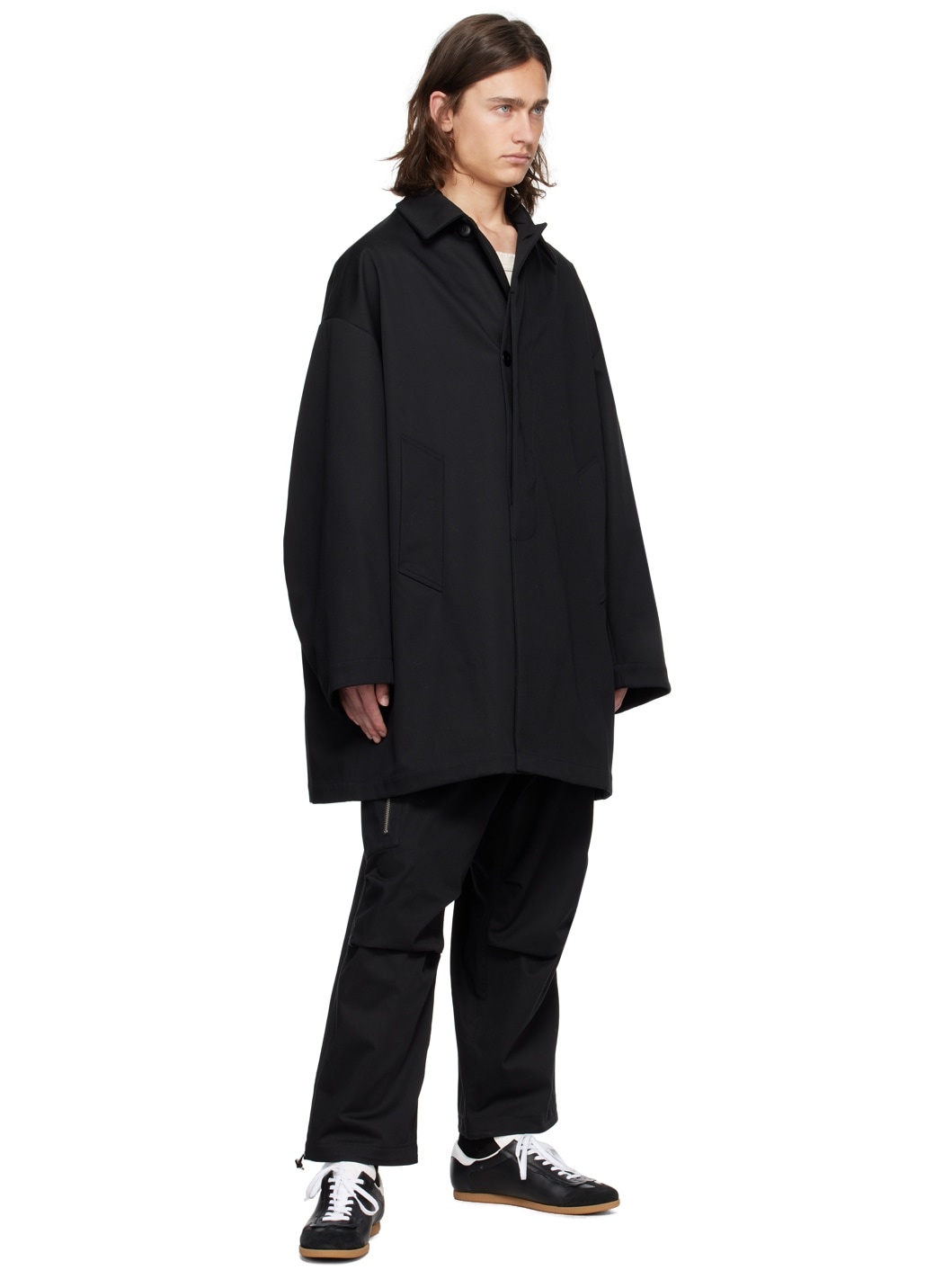 Black Spread Collar Coat - 4