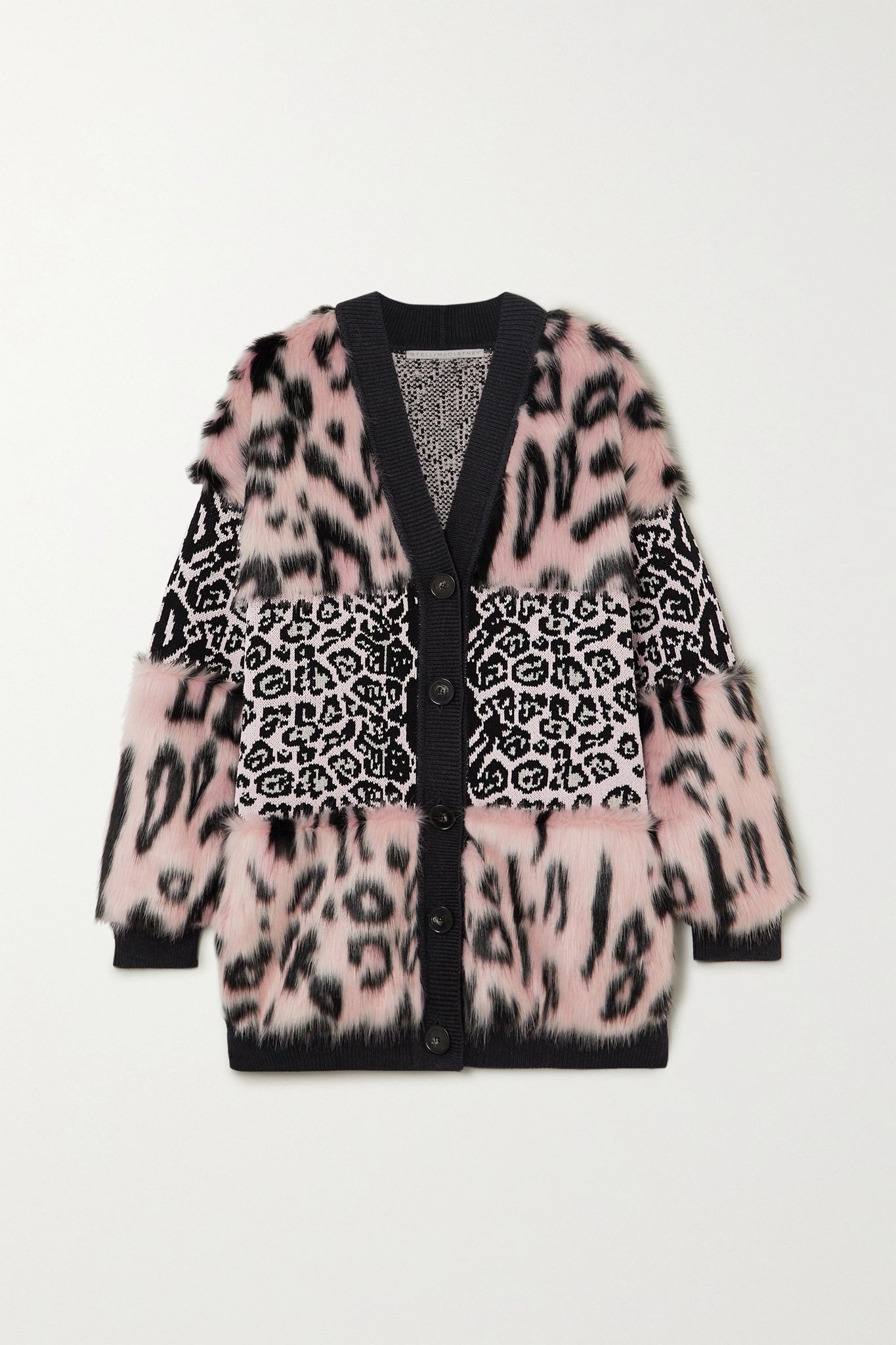 Faux fur and leopard-intarsia knitted cardigan - 1