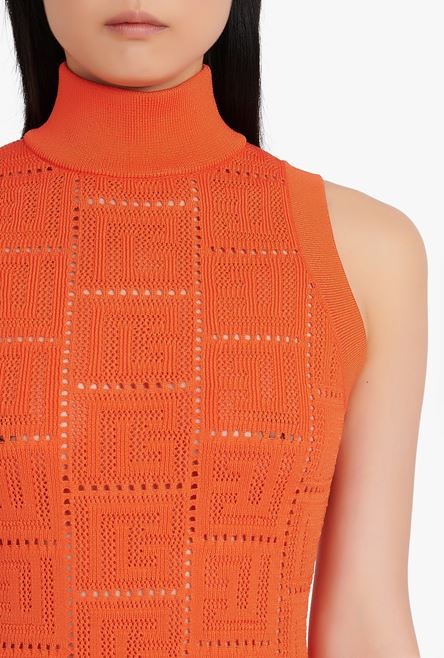 Short dark orange eco-designed knit dress with Balmain monogram - 8