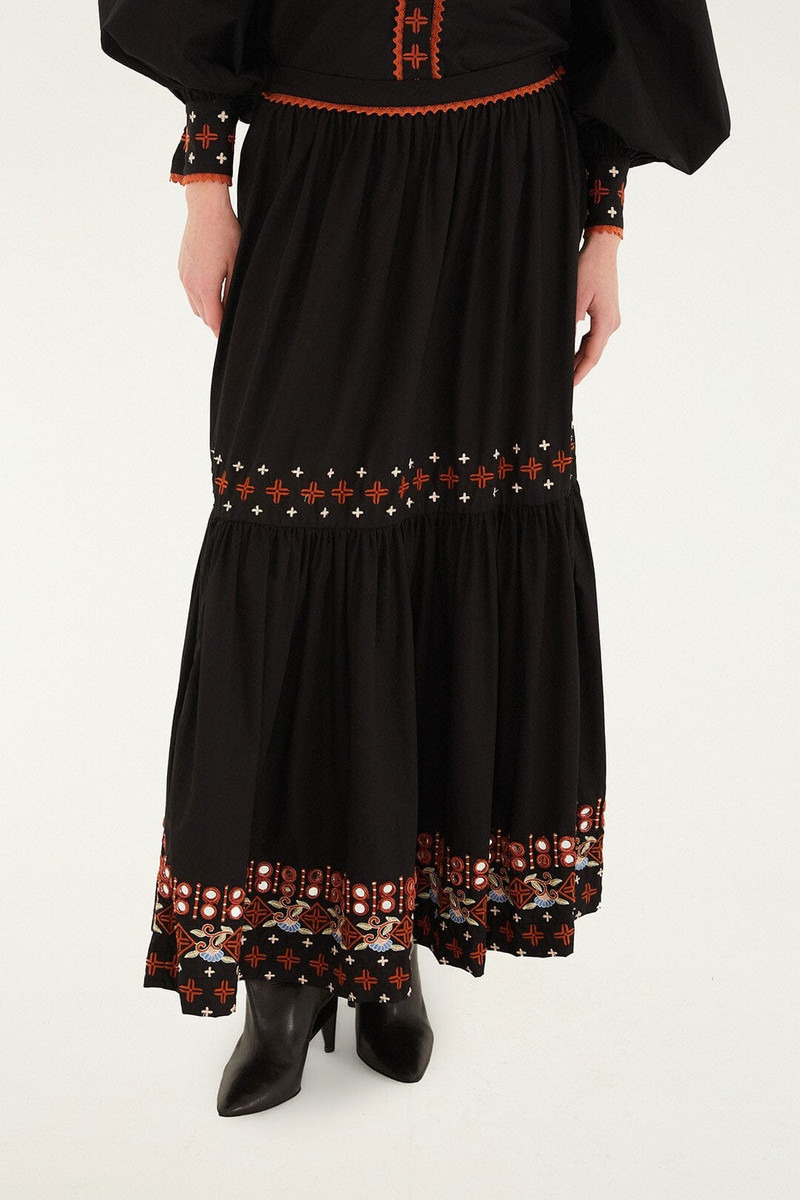 Black Embroidered Tiered Maxi Skirt 2