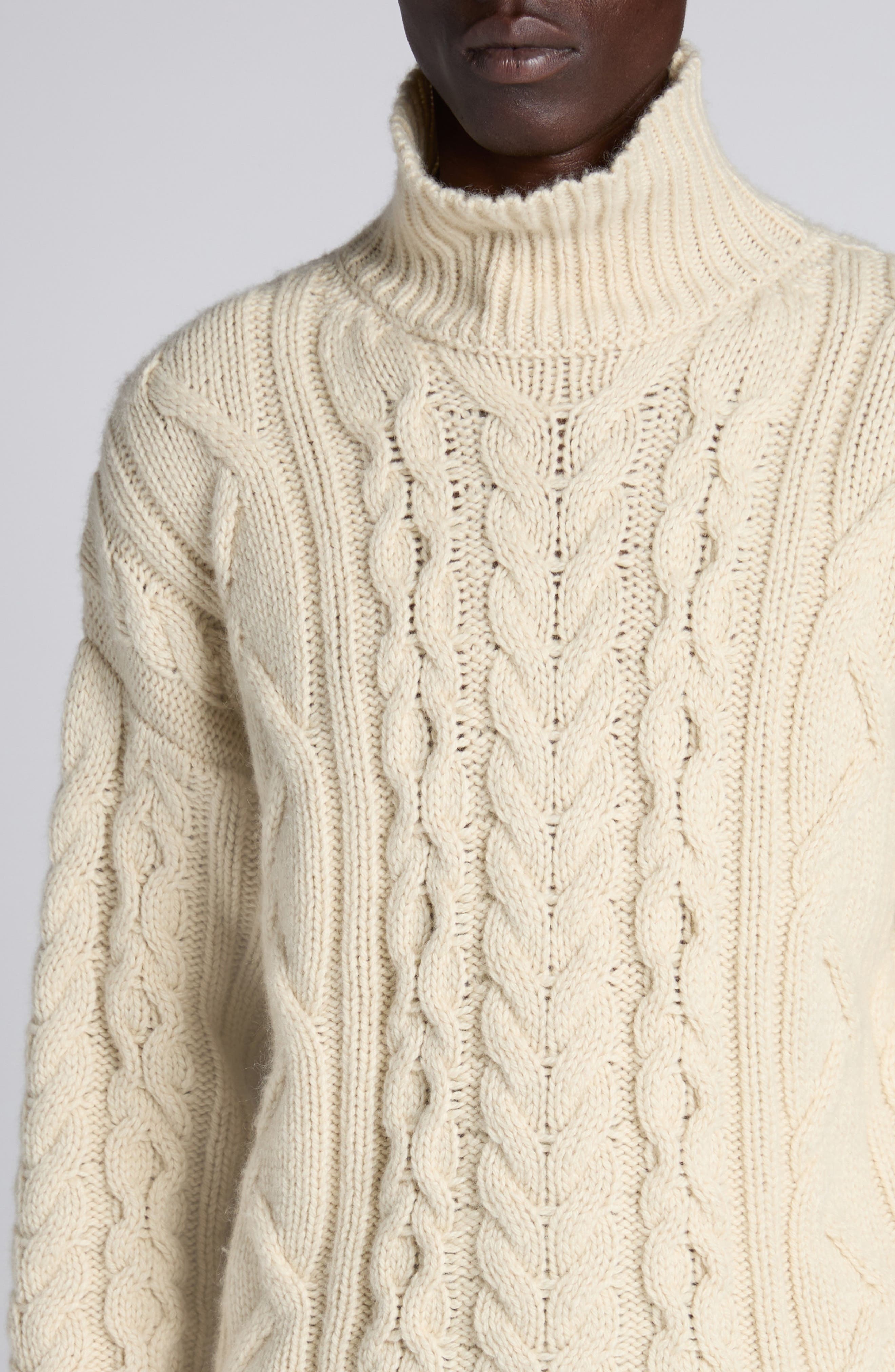 TOM FORD Cable Stitch Wool, Cashmere & Mohair Turtleneck Sweater in Aw102 Cream at Nordstrom - 5