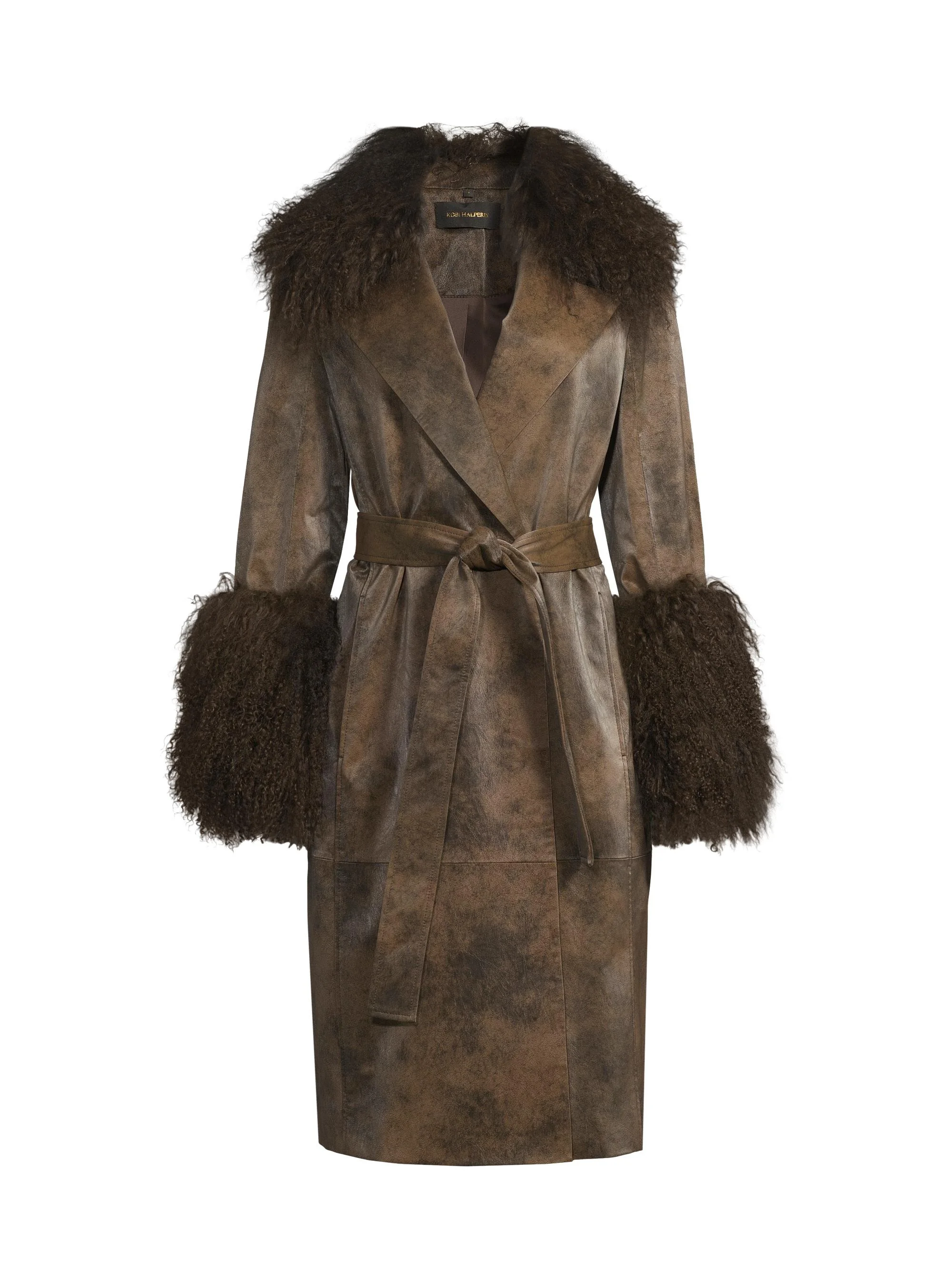 Women's Viv Shearling-Trimmed Belted Coat - Dark Brown - 1