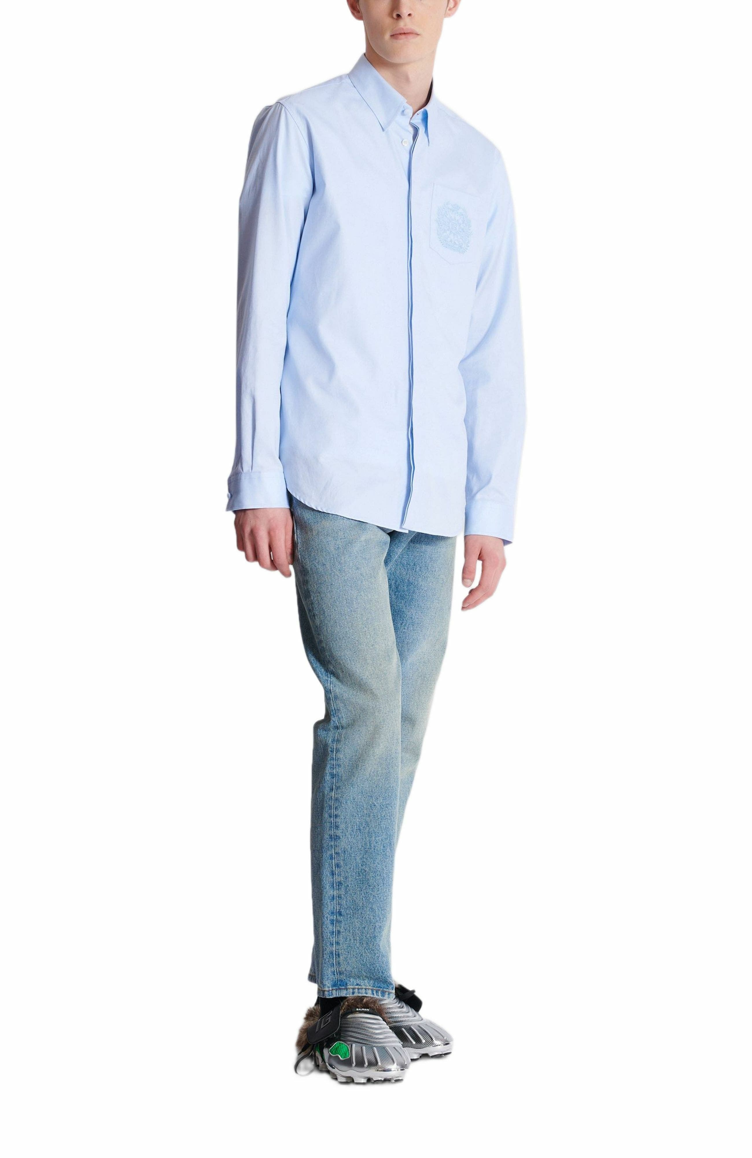 Balmain Écusson embroidered cotton shirt in Blue at Nordstrom - 2