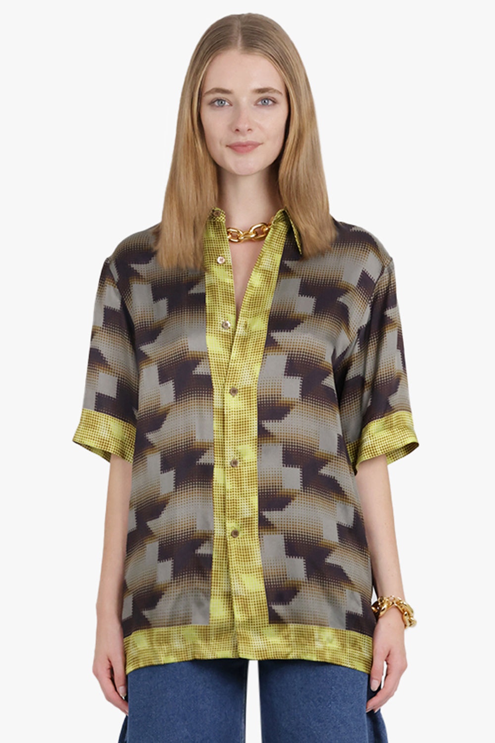 CONTRAST PIXEL GRAPHIC PRINT S/S SHIRT | BROWN/YELLOW - 2