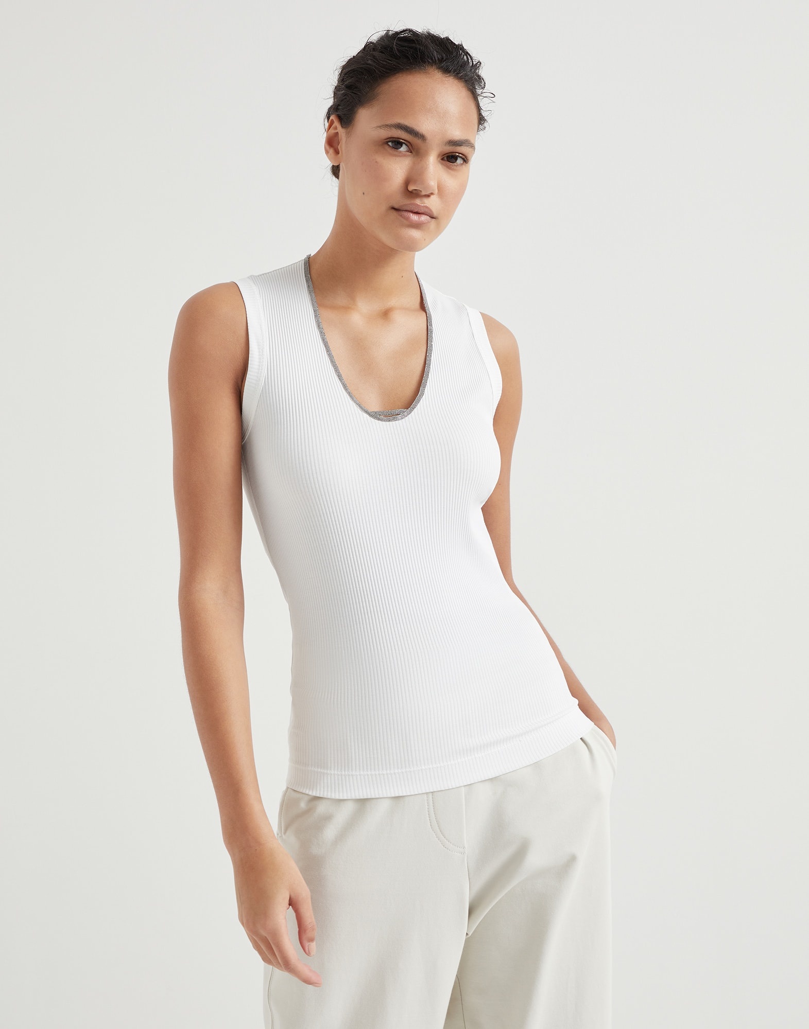 Comfort cotton ribbed jersey top with shiny neckline - 1