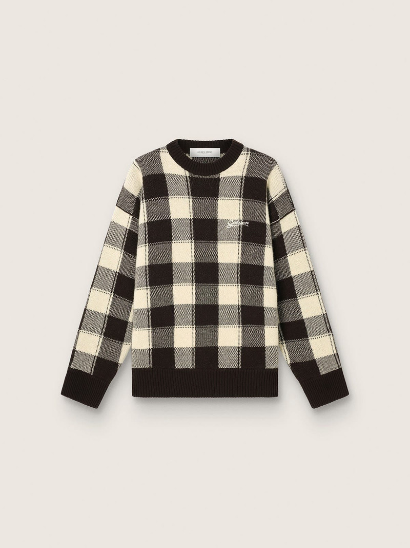 Men's jacquard wool sweater in dark brown and cream check 1