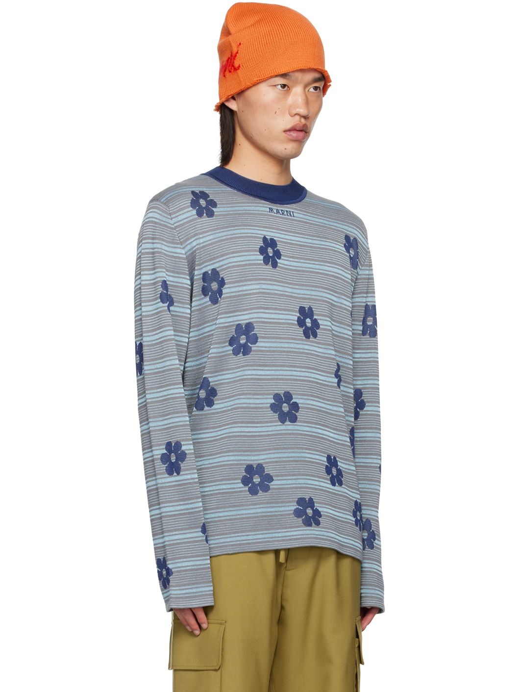 Blue Striped Floral Sweater - 2