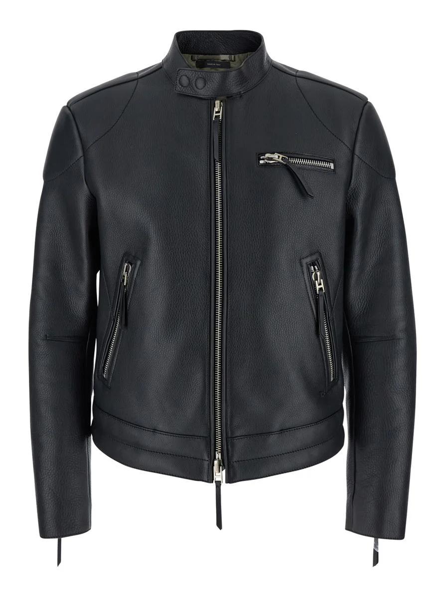 Tom Ford Black Jacket With High Collar And Front Zip Pockets In Leather Man - 1