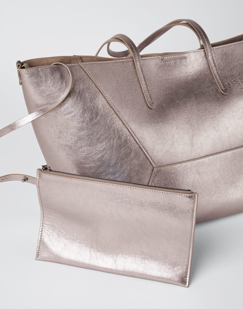 Lamé calfskin shopper bag with monili 5