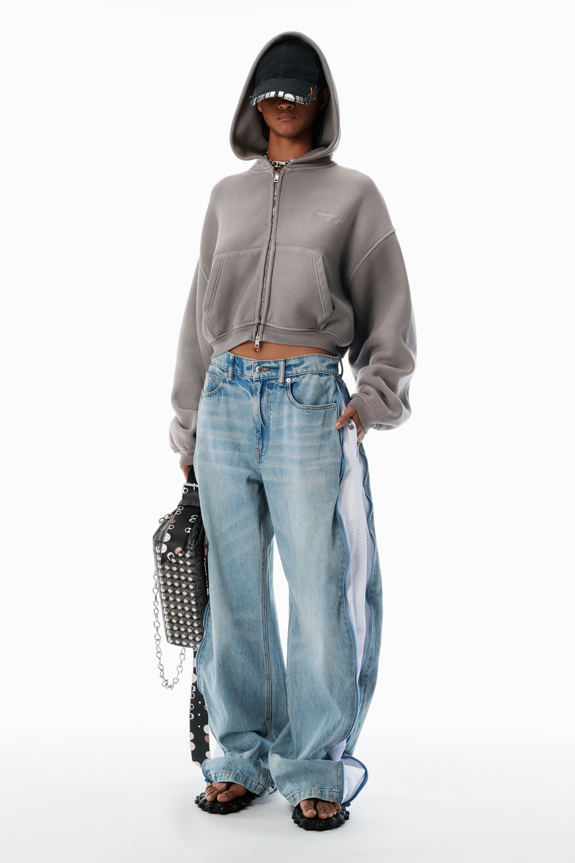 bleach blue curved zipper pants - 2