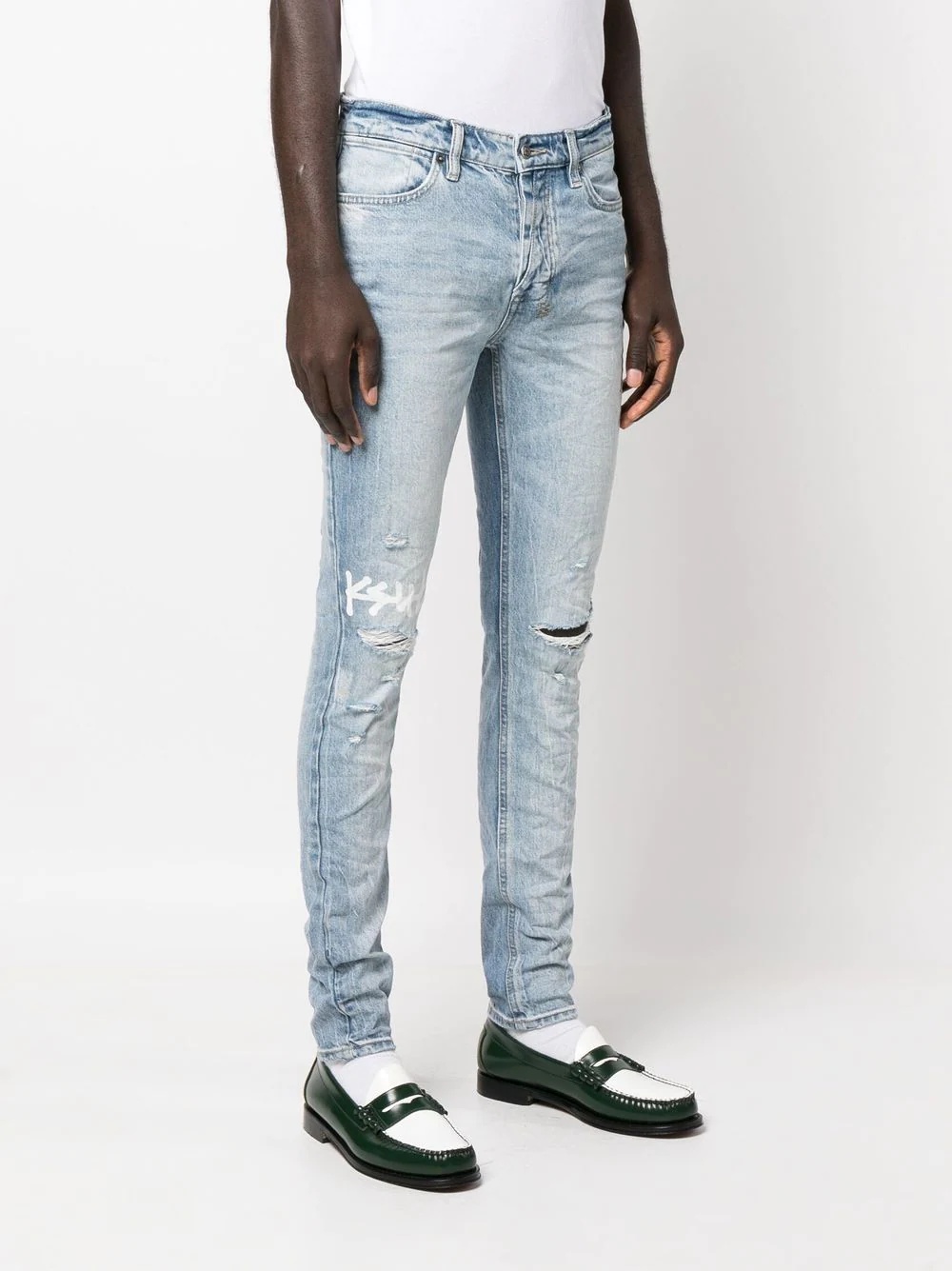 logo-print distressed skinny-cut jeans - 3