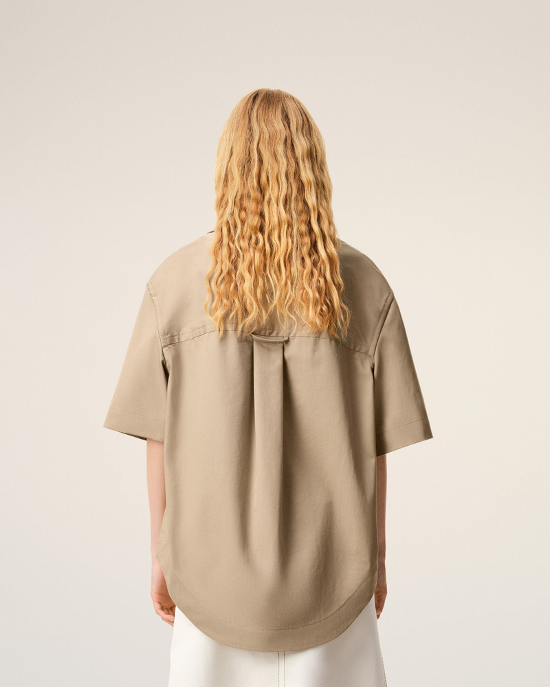 BEIGE COTTON SHORT SLEEVE CAMP COLLAR WIDE SHIRT 5