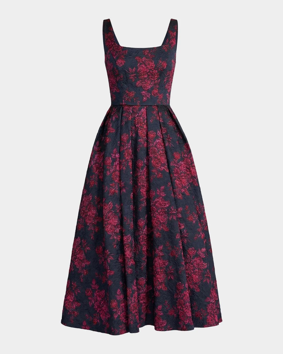 Pleated Square-Neck Floral Brocade Midi Dress - 1