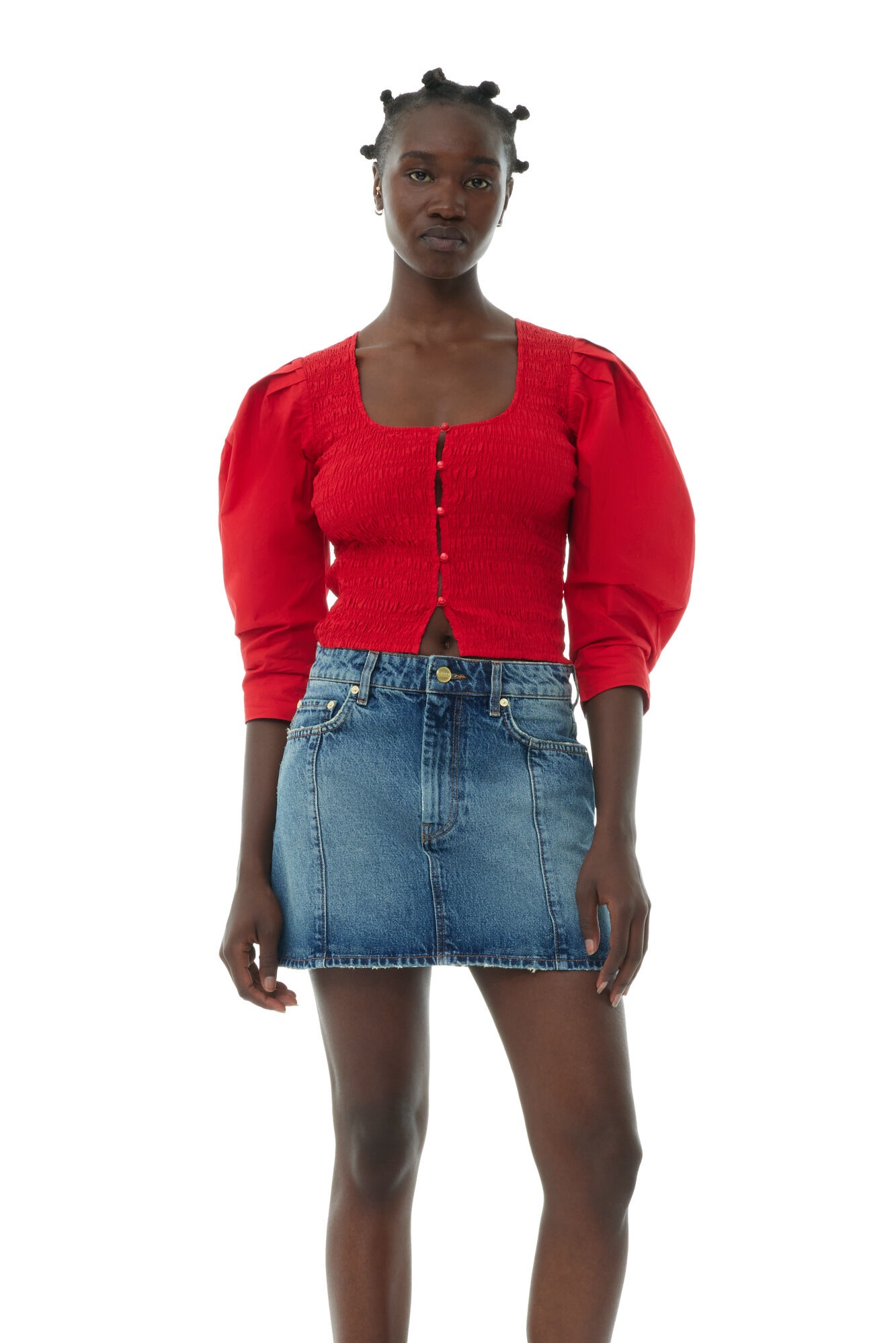 RED COTTON POPLIN SMOCK BLOUSE - 3