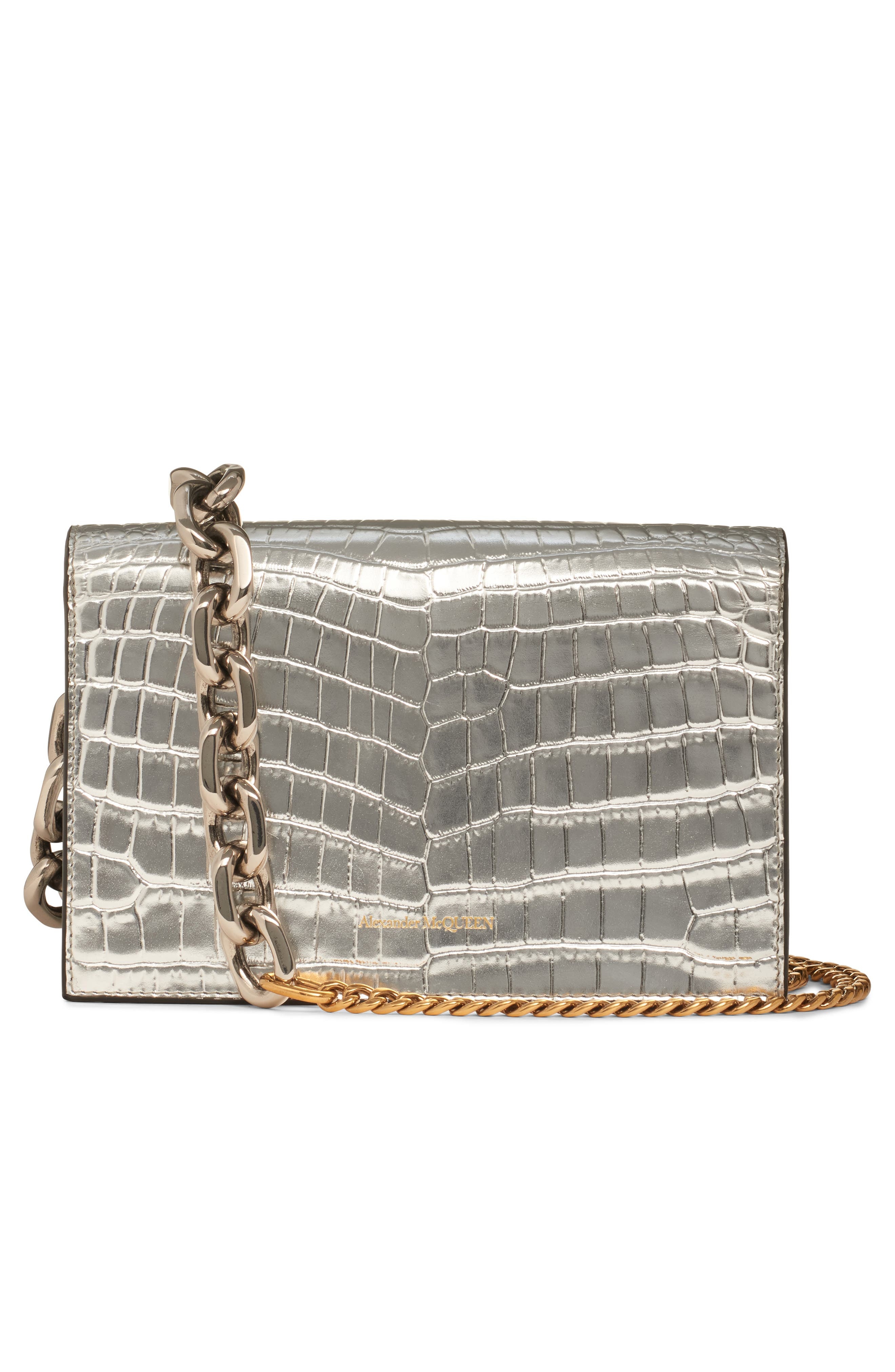 McQueen Small Skull Croc Embossed Leather Shoulder Bag in Silver/Gold at Nordstrom - 3
