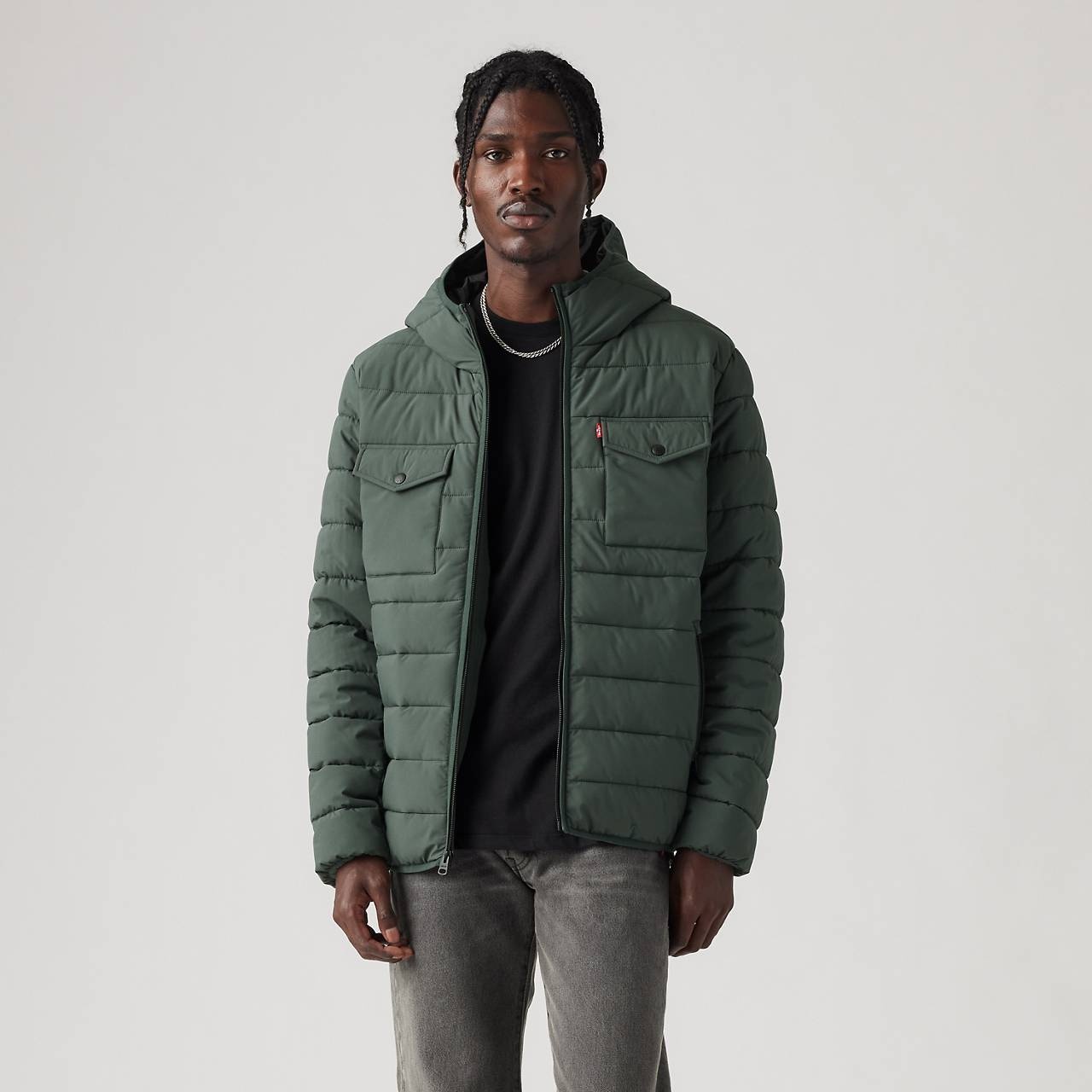 HOODED 2 CHEST POCKET PUFFER JACKET - 2