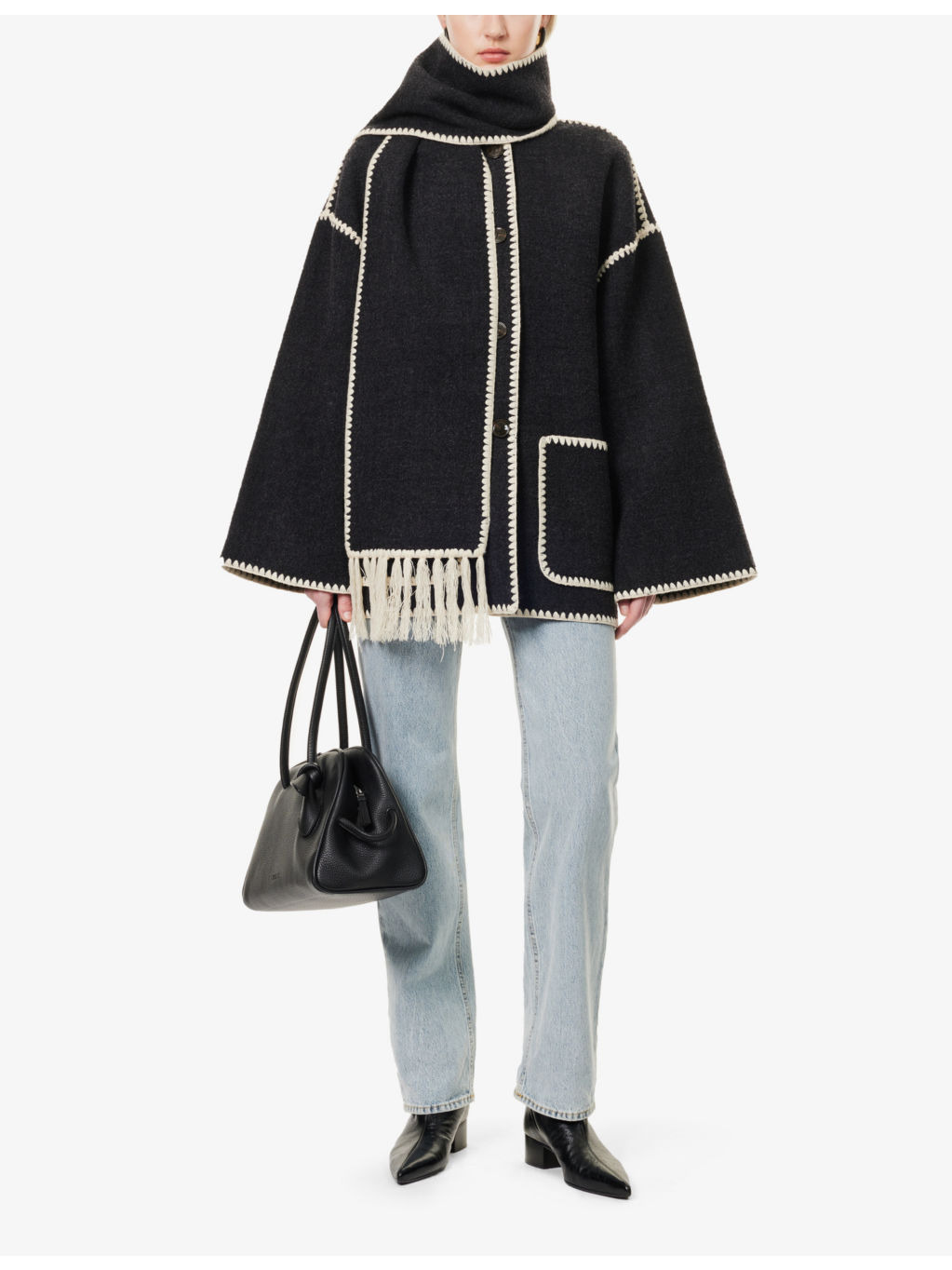 Embroidered-Trim Scarf Wool-Blend Jacket - 2