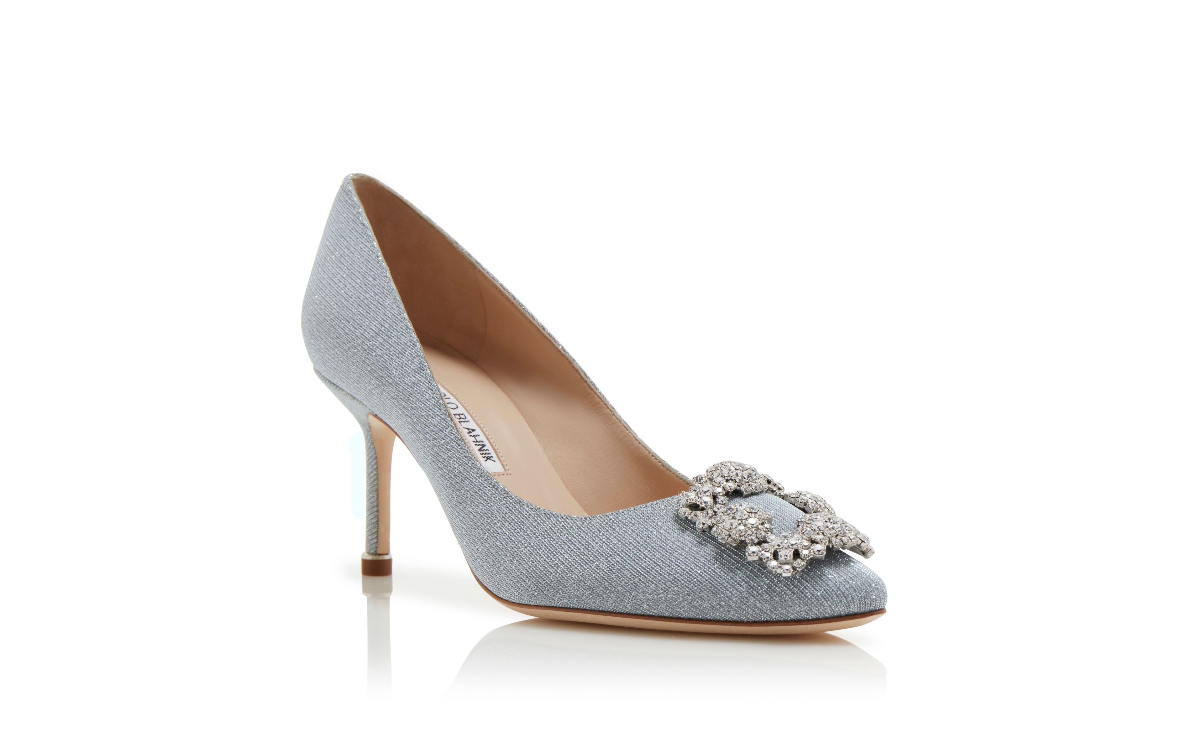 Silver Glitter Fabric Jewel Buckle Pumps - 3